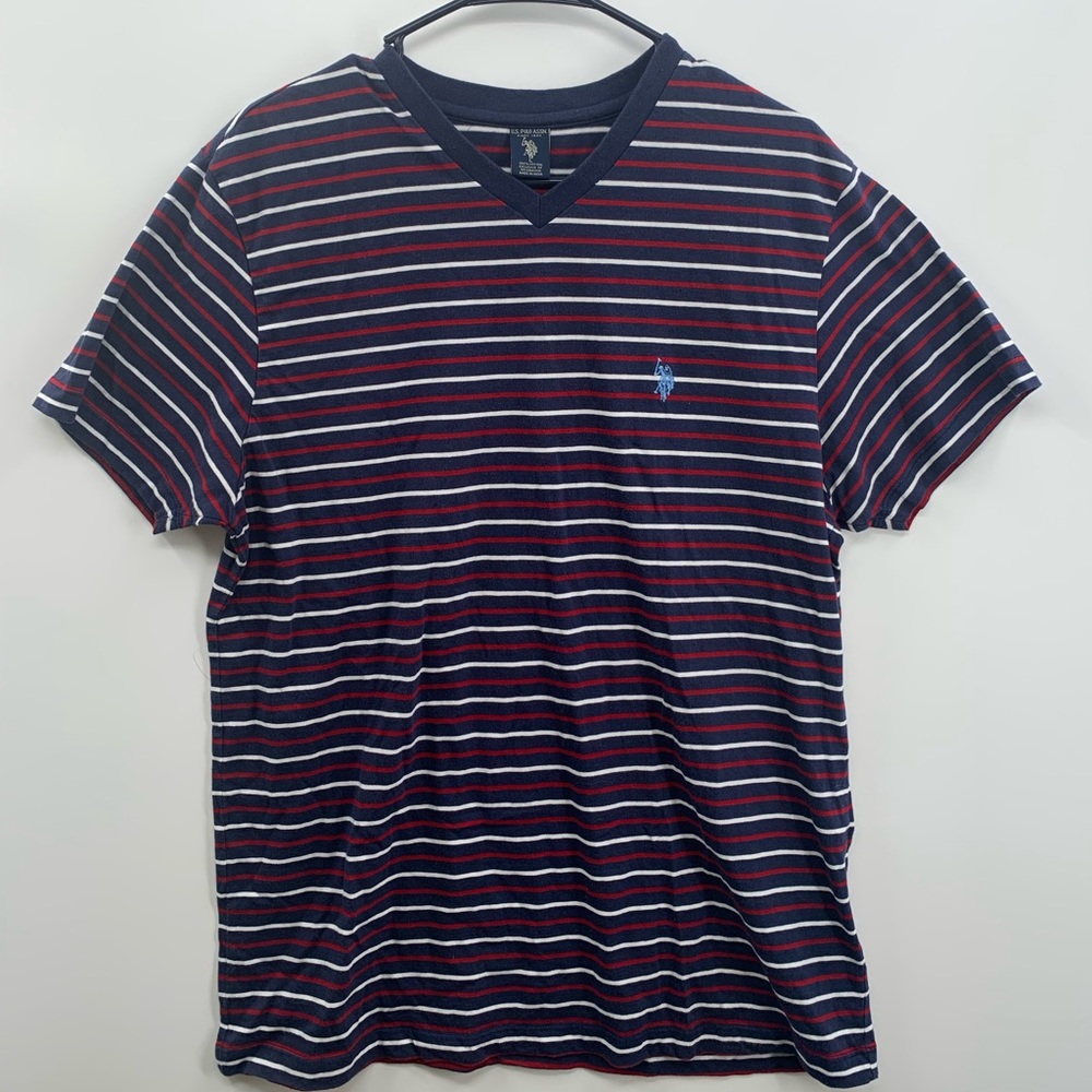 Ralph Lauren Polo V Neck Men’s Shirt Size L, Large Striped Blue, Red & White